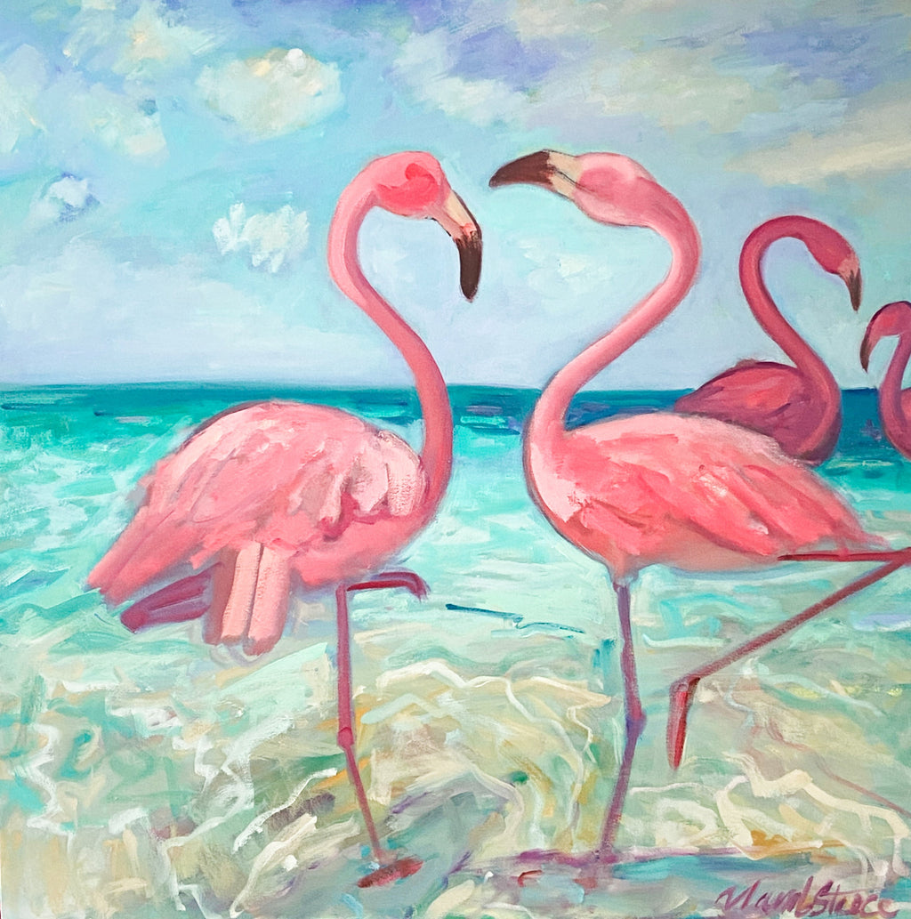 Valerie Lamb-Steece Art fine art Flamingos by the sea Original artwork for sale