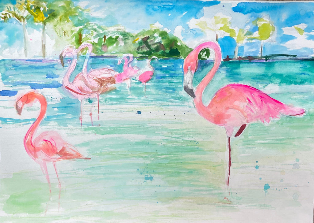 Valerie Lamb-Steece Art print Flamingo Brunch Original artwork for sale